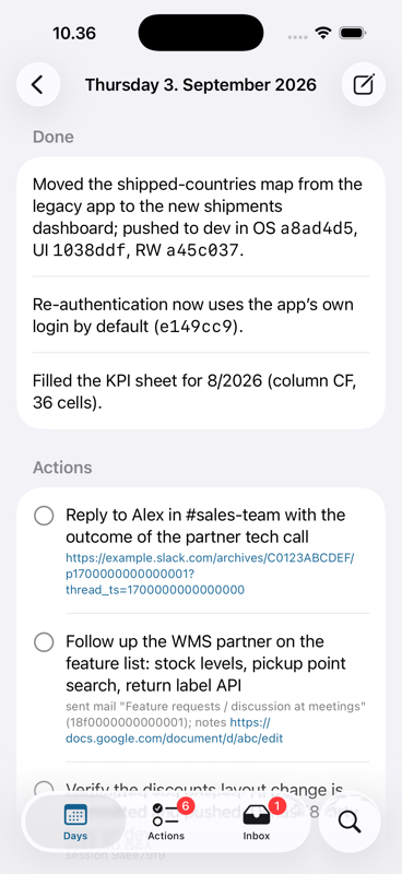 Screenshot of one journal entry in the iPhone app: a Done list, and Actions with round checkboxes and their source links.